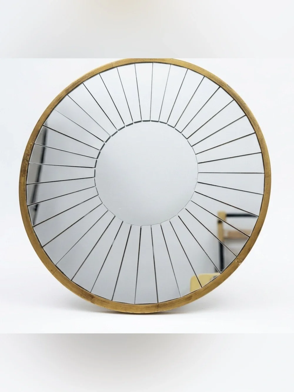 Modern Round Segmented Sunburst Wall Mirror with Gold Tone Frame